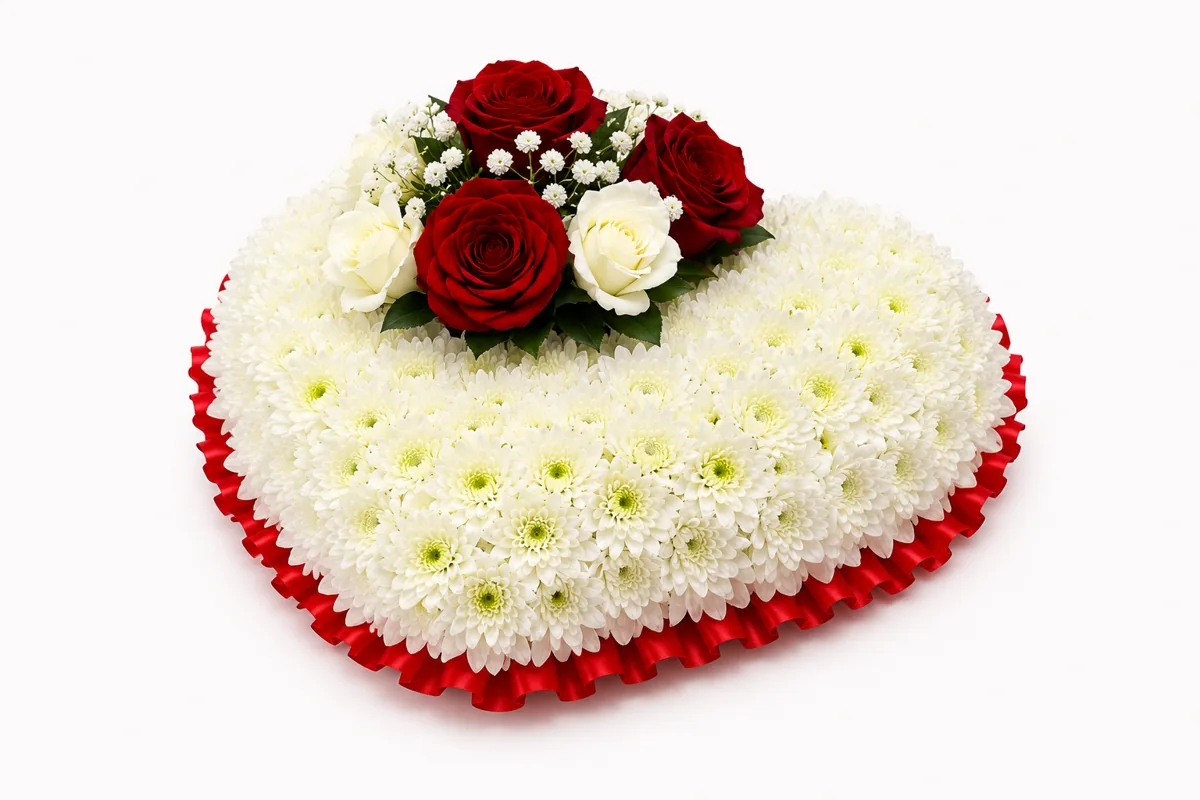 White chrysanthemum funeral heart edged with red ribbon and red roses