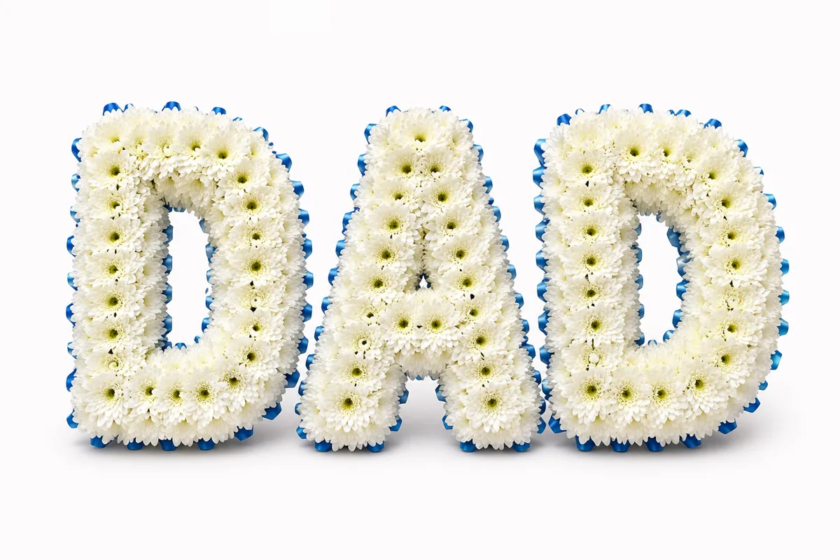White chrysanthemum DAD funeral letters with blue ribbon trim
