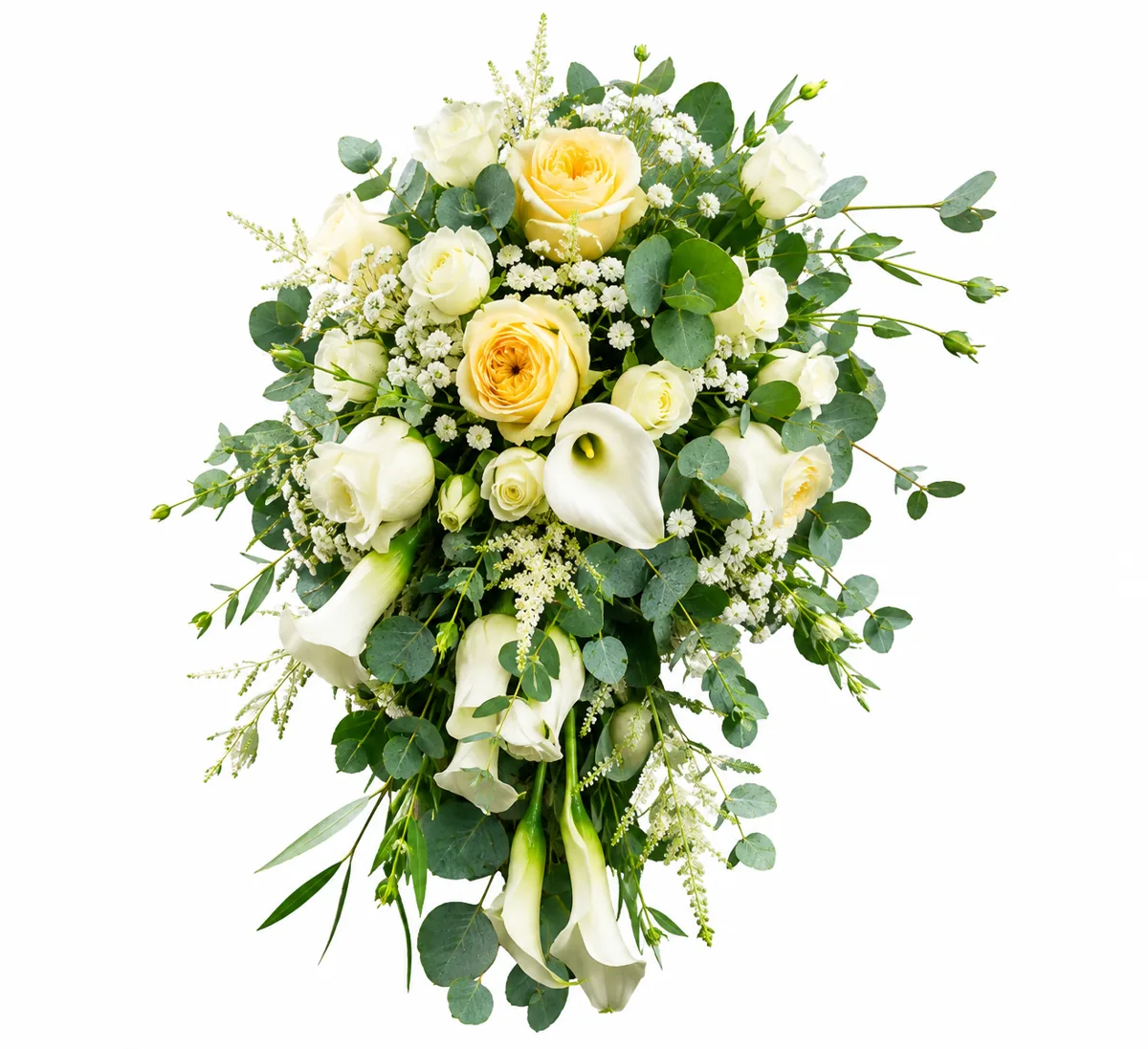 Cream and white funeral spray with roses, calla lilies and eucalyptus