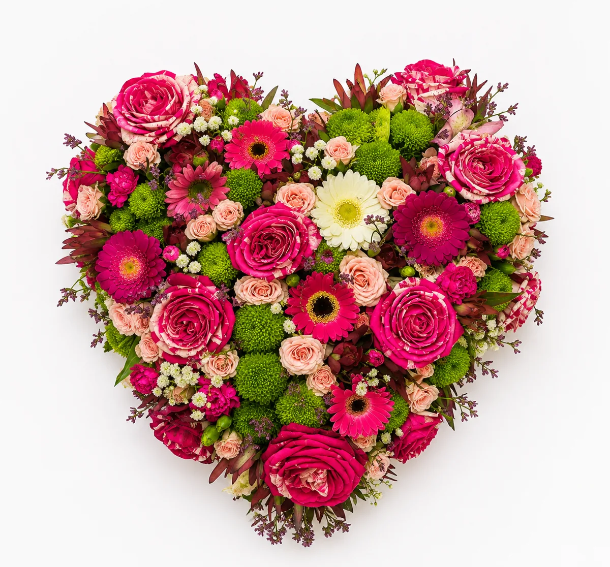 Pink and green floral heart tribute with roses and gerberas