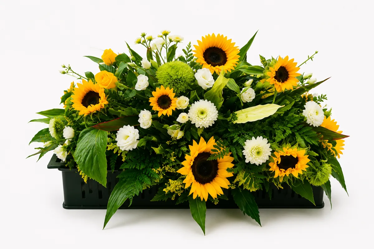Sunflower and white bloom casket arrangement with foliage